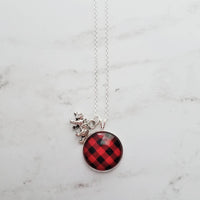 Red Plaid Necklace - buffalo check/bear charm lodge pendant - black plaid flannel - Christmas holiday jewelry stocking stuffer gift - Constant Baubling