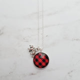 Red Plaid Necklace - buffalo check/bear charm lodge pendant - black plaid flannel - Christmas holiday jewelry stocking stuffer gift - Constant Baubling
