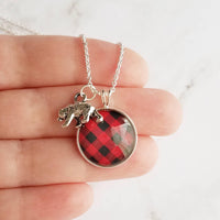 Red Plaid Necklace - buffalo check/bear charm lodge pendant - black plaid flannel - Christmas holiday jewelry stocking stuffer gift - Constant Baubling