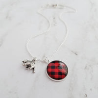 Red Plaid Necklace - buffalo check/bear charm lodge pendant - black plaid flannel - Christmas holiday jewelry stocking stuffer gift - Constant Baubling