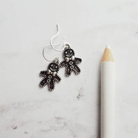 Gingerbread Men Earrings, silver Christmas earring, cookie earring, gingerbread earring, antique silver Xmas earring, bow tie gingerbread - Constant Baubling