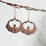 Large Antique Copper Earrings, oval copper earring, copper flourish, embossed copper earring, scalloped edge earring, kidney ear wires, 3 in - Constant Baubling