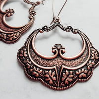Large Antique Copper Earrings, oval copper earring, copper flourish, embossed copper earring, scalloped edge earring, kidney ear wires, 3 in - Constant Baubling