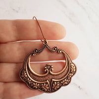 Large Antique Copper Earrings, oval copper earring, copper flourish, embossed copper earring, scalloped edge earring, kidney ear wires, 3 in - Constant Baubling