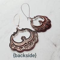 Large Antique Copper Earrings, oval copper earring, copper flourish, embossed copper earring, scalloped edge earring, kidney ear wires, 3 in - Constant Baubling
