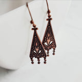 Copper Chandelier Earrings - oxidized dangle teardrops on ornate flourish triangle, handmade antique boho style, 2 inch rustic earring - Constant Baubling