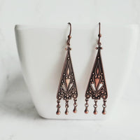 Copper Chandelier Earrings - oxidized dangle teardrops on ornate flourish triangle, handmade antique boho style, 2 inch rustic earring - Constant Baubling