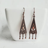 Copper Chandelier Earrings - oxidized dangle teardrops on ornate flourish triangle, handmade antique boho style, 2 inch rustic earring - Constant Baubling