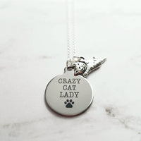 Crazy Cat Lady Necklace - silver pendant/kitty charm - small simple dainty link chain - spinster hermit humor funny handmade pet jewelry - Constant Baubling