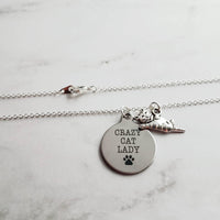 Crazy Cat Lady Necklace - silver pendant/kitty charm - small simple dainty link chain - spinster hermit humor funny handmade pet jewelry - Constant Baubling