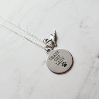 Crazy Cat Lady Necklace - silver pendant/kitty charm - small simple dainty link chain - spinster hermit humor funny handmade pet jewelry - Constant Baubling
