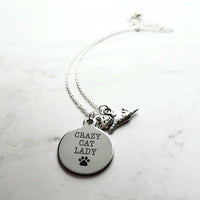 Crazy Cat Lady Necklace - silver pendant/kitty charm - small simple dainty link chain - spinster hermit humor funny handmade pet jewelry - Constant Baubling