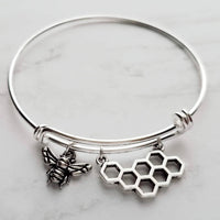 Bee & Honeycomb Silver Bangle Bracelet, honeybee bracelet, beehive bracelet, silver bangle, silver bee bracelet, silver cuff, beekeeper gift - Constant Baubling