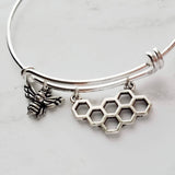 Bee & Honeycomb Silver Bangle Bracelet, honeybee bracelet, beehive bracelet, silver bangle, silver bee bracelet, silver cuff, beekeeper gift - Constant Baubling