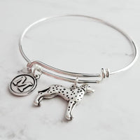 Dalmatian Dog Bracelet - personalized small letter charm/pet on simple silver wire double loop adjustable bangle - custom initial gift - Constant Baubling