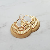 Gold Art Deco Earrings, 14K gold fill hooks, large gold medallion, gold tribal earring, large lightweight earring, gold open circle earring - Constant Baubling