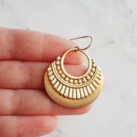 Gold Art Deco Earrings, 14K gold fill hooks, large gold medallion, gold tribal earring, large lightweight earring, gold open circle earring - Constant Baubling