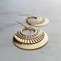Gold Art Deco Earrings, 14K gold fill hooks, large gold medallion, gold tribal earring, large lightweight earring, gold open circle earring - Constant Baubling