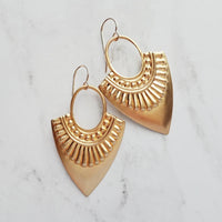 Shield Earrings - 14k gold fill ear wire hooks w/ raised design tribal spear shape medallions in raw brass - jewelry handmade in Michigan - Constant Baubling