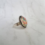 Watercolor Floral Ring, pastel flower ring, leaf print ring, garden ring, large silver ring, round silver ring, adjustable size 7 8 9 10 - Constant Baubling
