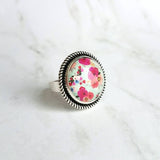 Floral Print Ring - antique silver adjustable base - fuchsia salmon peach pastel flower garden on blue mint background - size 7 8 9 10 - Constant Baubling