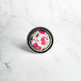 Floral Print Ring - antique silver adjustable base - fuchsia salmon peach pastel flower garden on blue mint background - size 7 8 9 10 - Constant Baubling