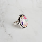 Watercolor Flowers Ring - pastel macro print pink purple aqua yellow green - garden floral pattern - silver round adjustable size 7 8 9 10 - Constant Baubling