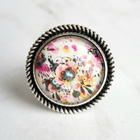 Abstract Flower Ring - whimsical print on antique silver adjustable base - colorful pastel watercolor pen drawing - size 7 8 9 10 - Constant Baubling