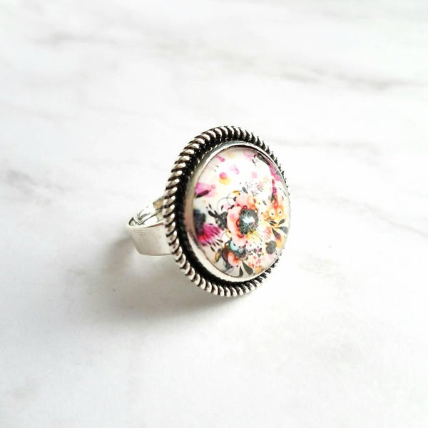 Abstract Flower Ring - whimsical print on antique silver adjustable base - colorful pastel watercolor pen drawing - size 7 8 9 10 - Constant Baubling