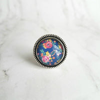 Large Silver Ring, wide band ring, round ring, floral print ring, flower ring, cobalt blue ring, navy blue ring, garden ring, blue floral - Constant Baubling