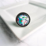 Large Silver Ring - watercolor floral print under glass - antiqued setting/wide band - blue purple red flower garden - adjustable 7 8 9 10 - Constant Baubling