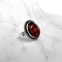 Red Black Plaid Ring, buffalo check jewelry, winter ring, flannel jewelry, plaid jewelry, lumberjack ring, black red plaid, statement ring - Constant Baubling