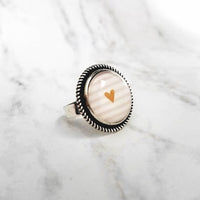 Heart Ring - pink/white stripe background & gold heart - adjustable size round wide silver band - friend/love/girlfriend/wife gift - Constant Baubling