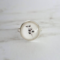 Cotton Stem Ring, primitive ring, silver ring, black white ring, watercolor style ring, small round print ring, cotton branch, bolls ring - Constant Baubling