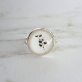 Cotton Stem Ring, primitive ring, silver ring, black white ring, watercolor style ring, small round print ring, cotton branch, bolls ring - Constant Baubling