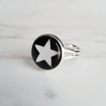 Star Ring - white on black background small round 1/2 inch print under domed glass - adjustable simple little silver ring - size 6.5 7 8 9 - Constant Baubling