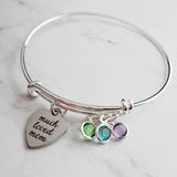 Birthstone Mom Bracelet - silver wire bangle - adjustable double loop - mother's day love child children memento charm personalized keepsake - Constant Baubling