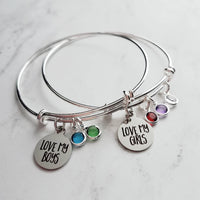 Mom Bracelet, mom to girls bracelet, daughter bracelet, LOVE MY GIRLS bracelet, birthstone bracelet, silver wire bangle, sisters keepsake - Constant Baubling