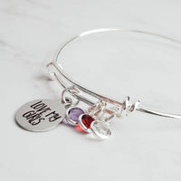 Mom Bracelet, mom to girls bracelet, daughter bracelet, LOVE MY GIRLS bracelet, birthstone bracelet, silver wire bangle, sisters keepsake - Constant Baubling