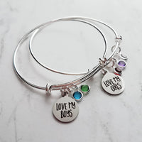 Sons Bracelet, mom bracelet, mothers bracelet, LOVE MY BOYS charm, silver wire bangle, birthstone jewelry, mom to boys son mothers day gift - Constant Baubling