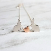 Bunny Necklace, small silver rabbit necklace, rose gold heart charm, .925 sterling silver chain, bunny love necklace, girlfriend Easter gift - Constant Baubling