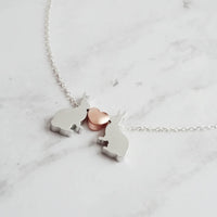 Bunny Necklace, small silver rabbit necklace, rose gold heart charm, .925 sterling silver chain, bunny love necklace, girlfriend Easter gift - Constant Baubling