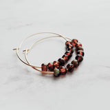Beaded Hoop Earrings - tortoise glass on delicate thin gold circles in brown/sage olive green, dainty simple earring, everyday jewelry - Constant Baubling
