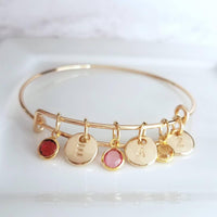 Gold Bangle Bracelet - letter initial monogram/birthstone style personalized charm - adjustable 14k gold plate - grandma mom birthday gift - Constant Baubling