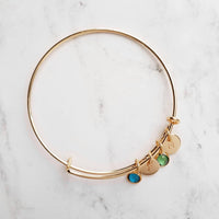 Gold Bangle Bracelet - letter initial monogram/birthstone style personalized charm - adjustable 14k gold plate - grandma mom birthday gift - Constant Baubling