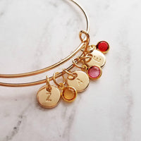 Gold Bangle Bracelet - letter initial monogram/birthstone style personalized charm - adjustable 14k gold plate - grandma mom birthday gift - Constant Baubling