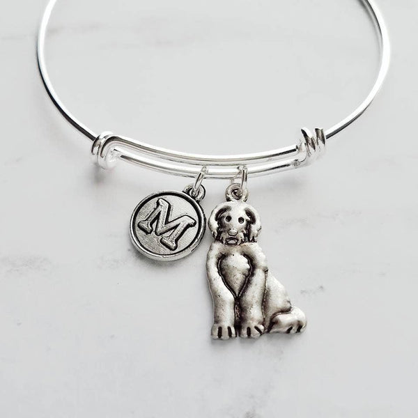 Labradoodle Bracelet, lab dog jewelry, labrador jewelry, lab poodle mix, labradoodle gift, silver bangle, custom initial charm, pet dog mom - Constant Baubling