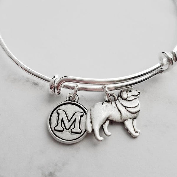 Great Pyrenees Dog Bracelet - personalized small letter charm/pet on simple silver wire double loop adjustable bangle - custom initial - Constant Baubling