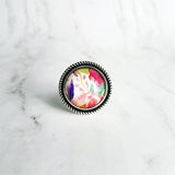 Watercolor Flowers Ring - pastel macro print pink purple aqua yellow green - garden floral pattern - silver round adjustable size 7 8 9 10 - Constant Baubling