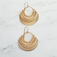 Gold Art Deco Earrings, 14K gold fill hooks, large gold medallion, gold tribal earring, large lightweight earring, gold open circle earring - Constant Baubling
